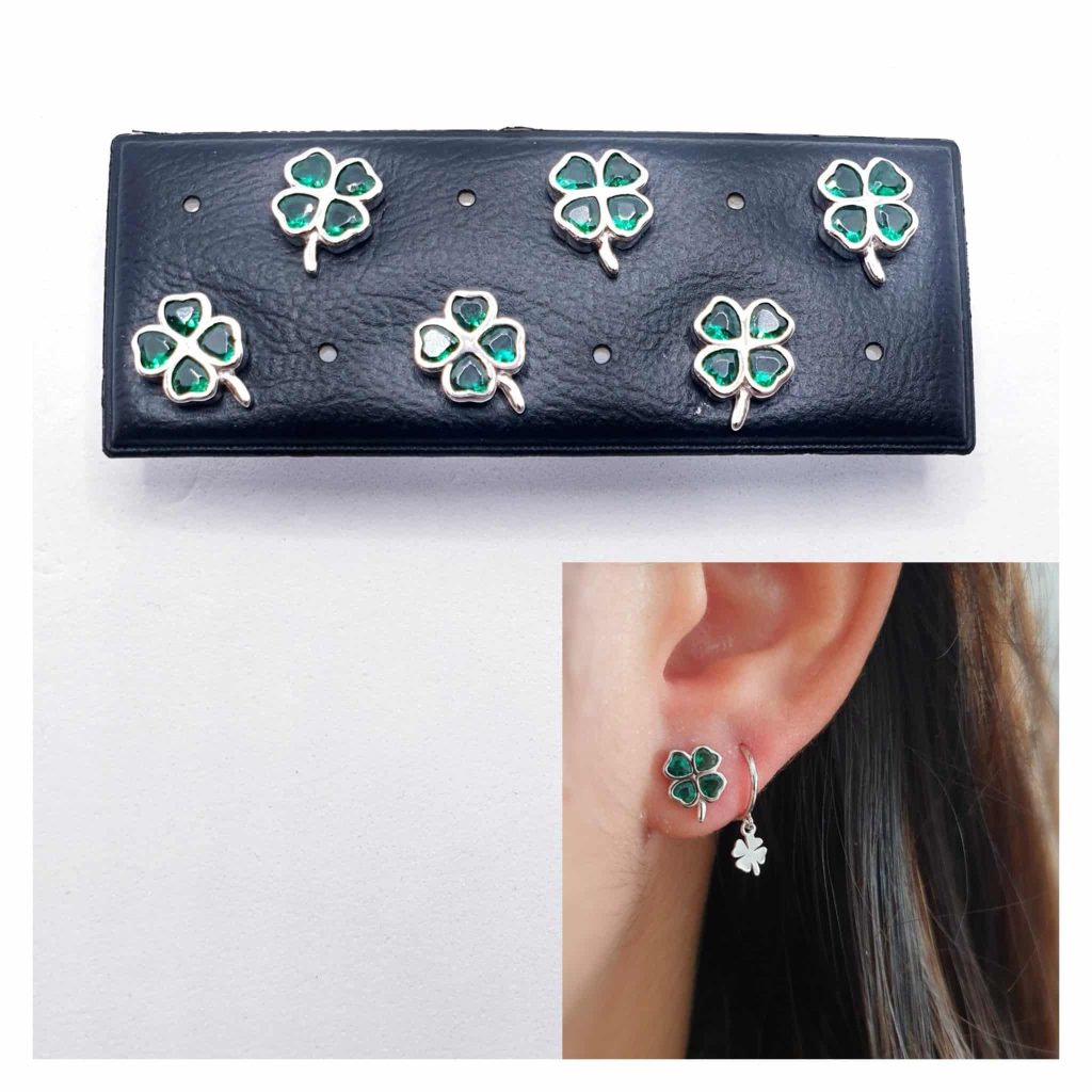 Pendientes trébol verde de plata de ley