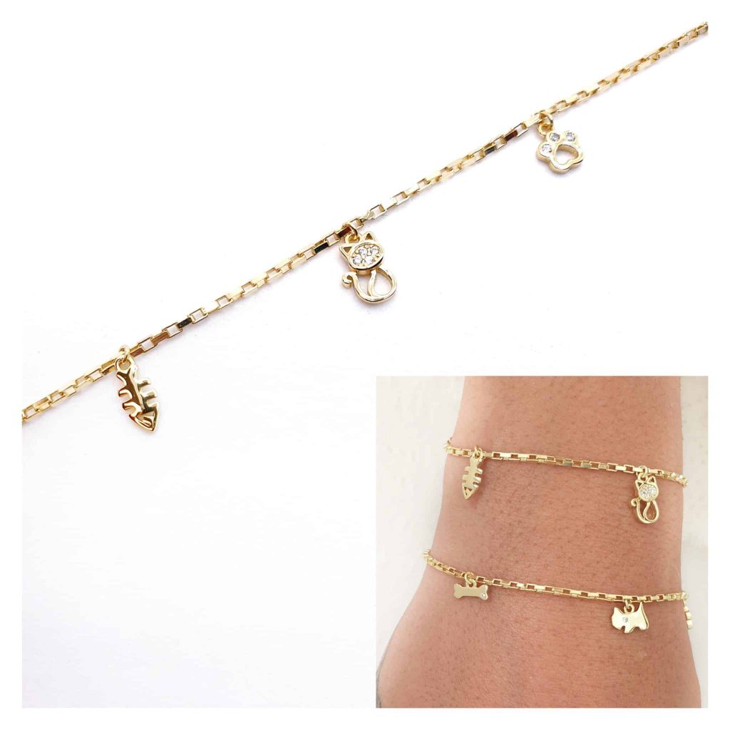 Pulsera mascota gato oro de 14 quilates