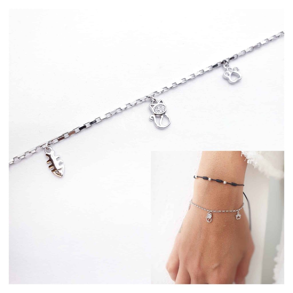 Pulsera mascota gato de plata de ley