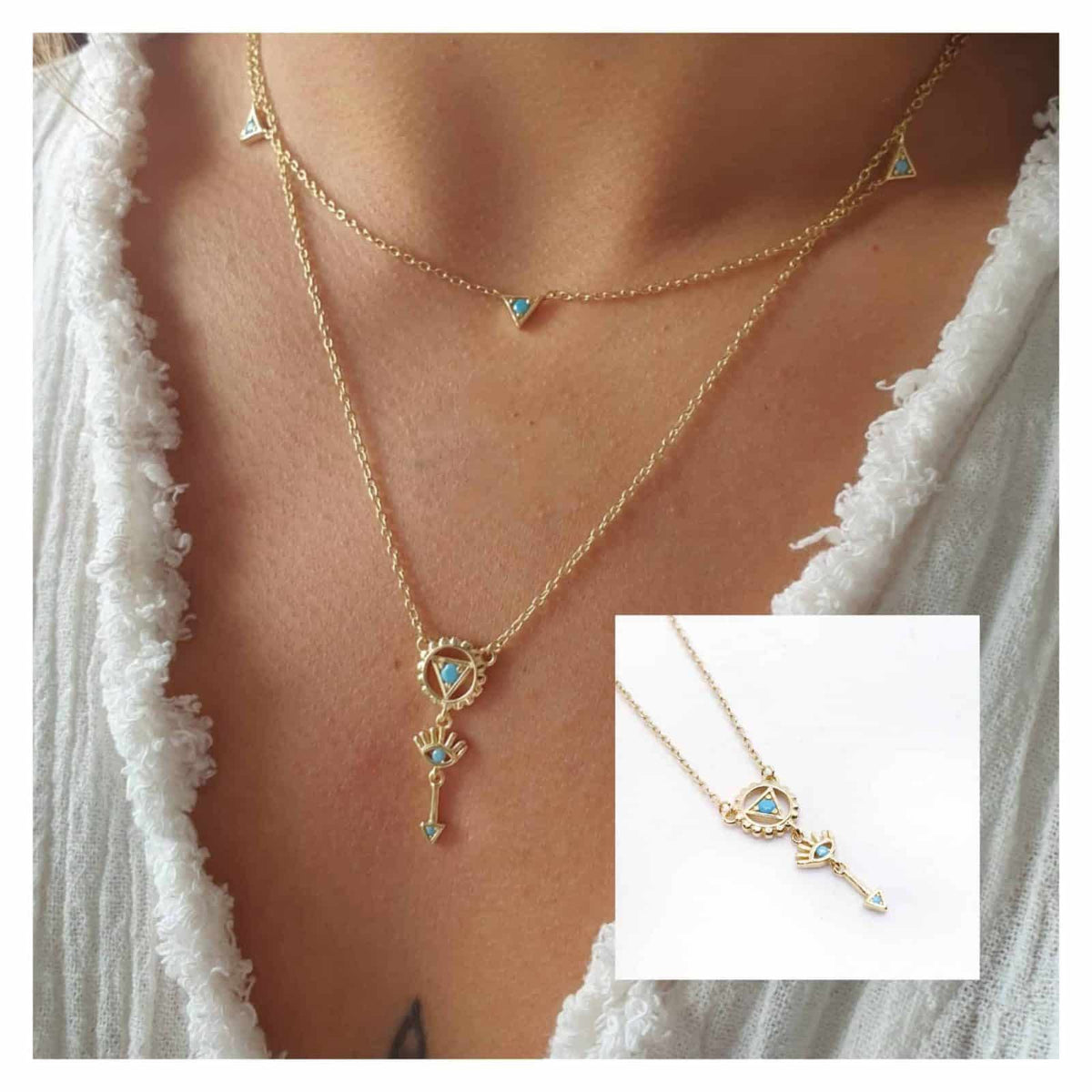 Collar boho turquesa de plata de ley con baño de oro de 14 quilates - vista adicional