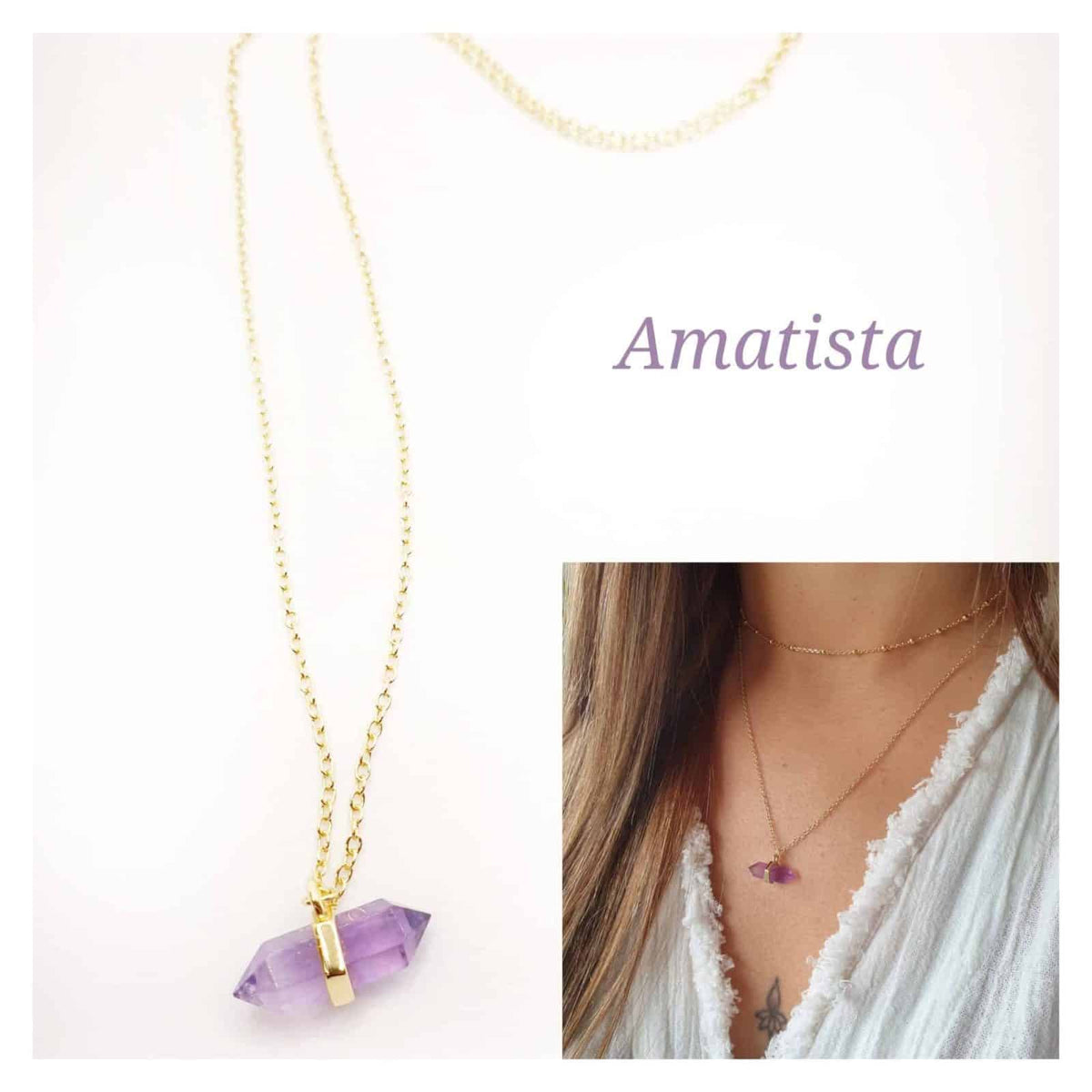 Collar amatista oro prisma de plata de ley con baño de oro de 14 quilates - vista adicional