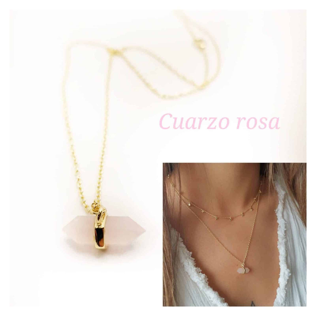 Colla cuarzo rosa prisma de plata de ley con baño de oro de 14 quilates - vista adicional