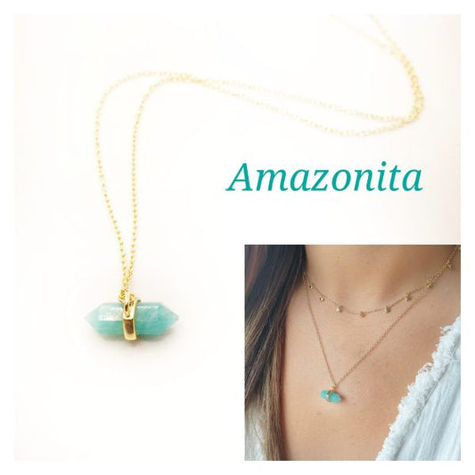Collar piedra natural Amazonita oro