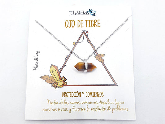 Collar ojo de tigre piedra prisma de plata de ley