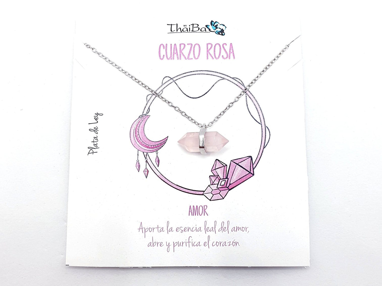 Collar cuarzo rosa prisma de plata de ley