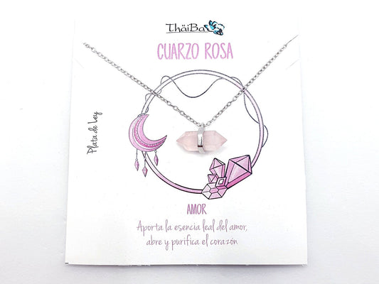 Collar cuarzo rosa prisma de plata de ley