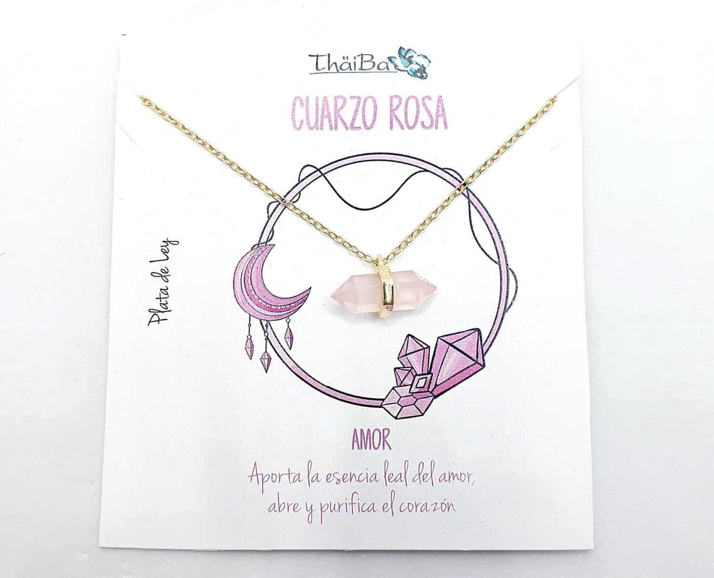 Colla cuarzo rosa prisma oro de 14 quilates