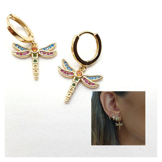 Pendientes libélulas de plata de ley con baño de oro de 14 quilates - Joyería Zafir
