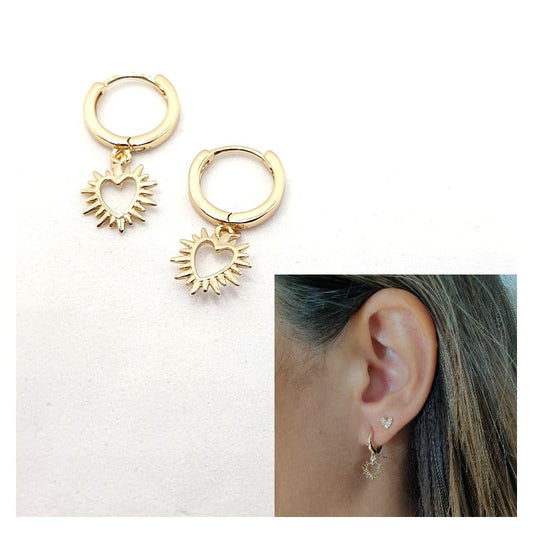 Pendientes Sagrado corazón de plata de ley con baño de oro de 14 quilates - Joyería Zafir