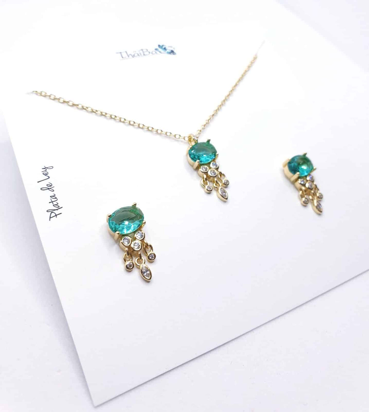 Set luxury verde agua de plata de ley con baño de oro de 14 quilates - Joyería Zafir