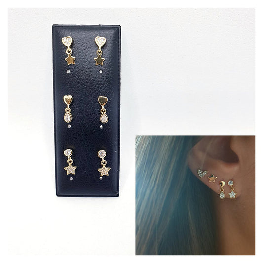Pendientes rosca mini charms de plata de ley con baño de oro de 14 quilates - Joyería Zafir