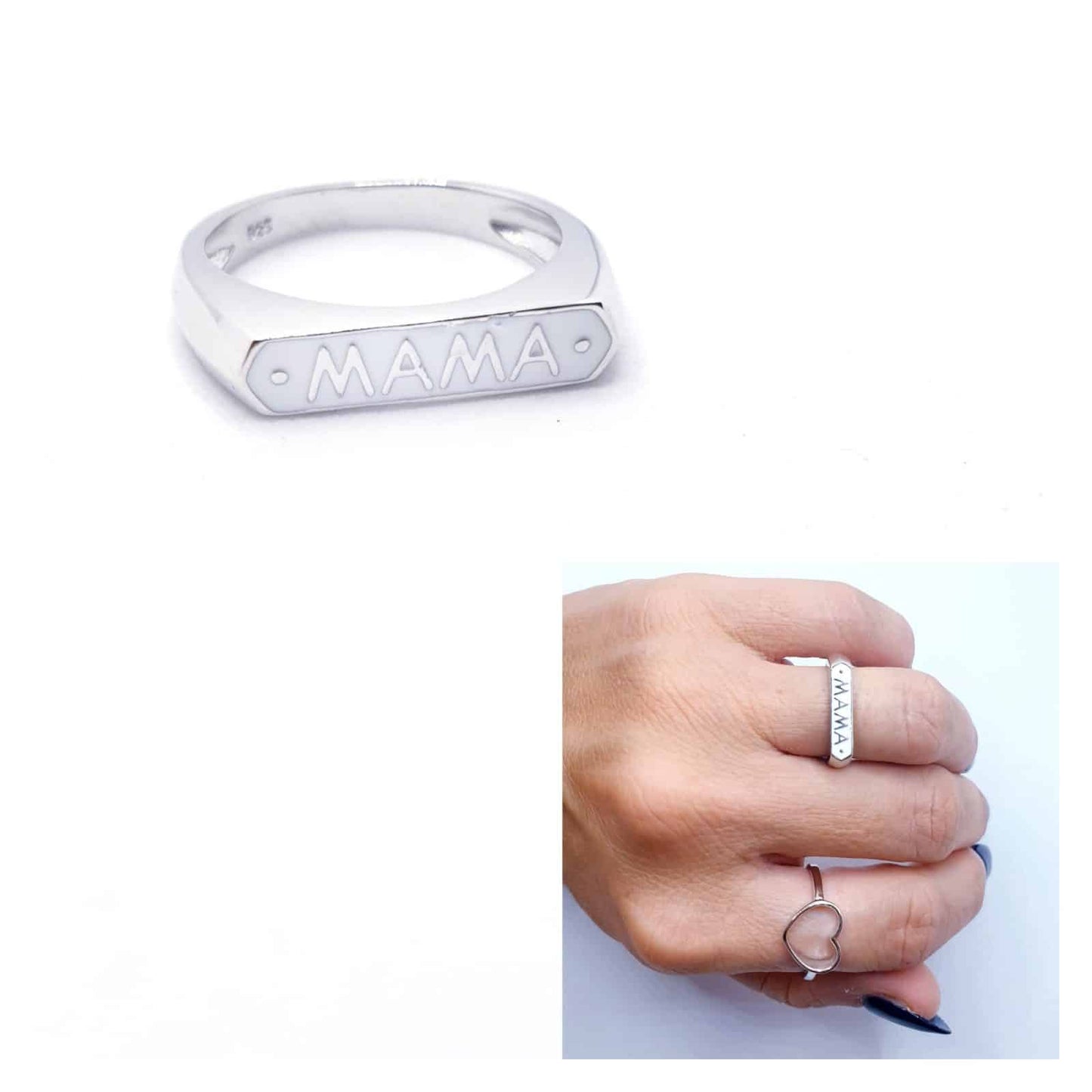 Anillo Mamá blanco de plata de ley