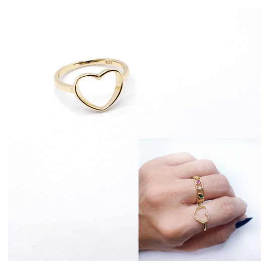 Anillo corazón silueta de plata de ley con baño de oro de 14 quilates - Joyería Zafir