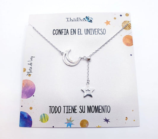 Collar adaptable luna y estrella de plata de ley