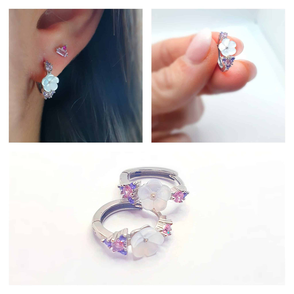 Pendientes flor nácar de plata de ley - vista adicional