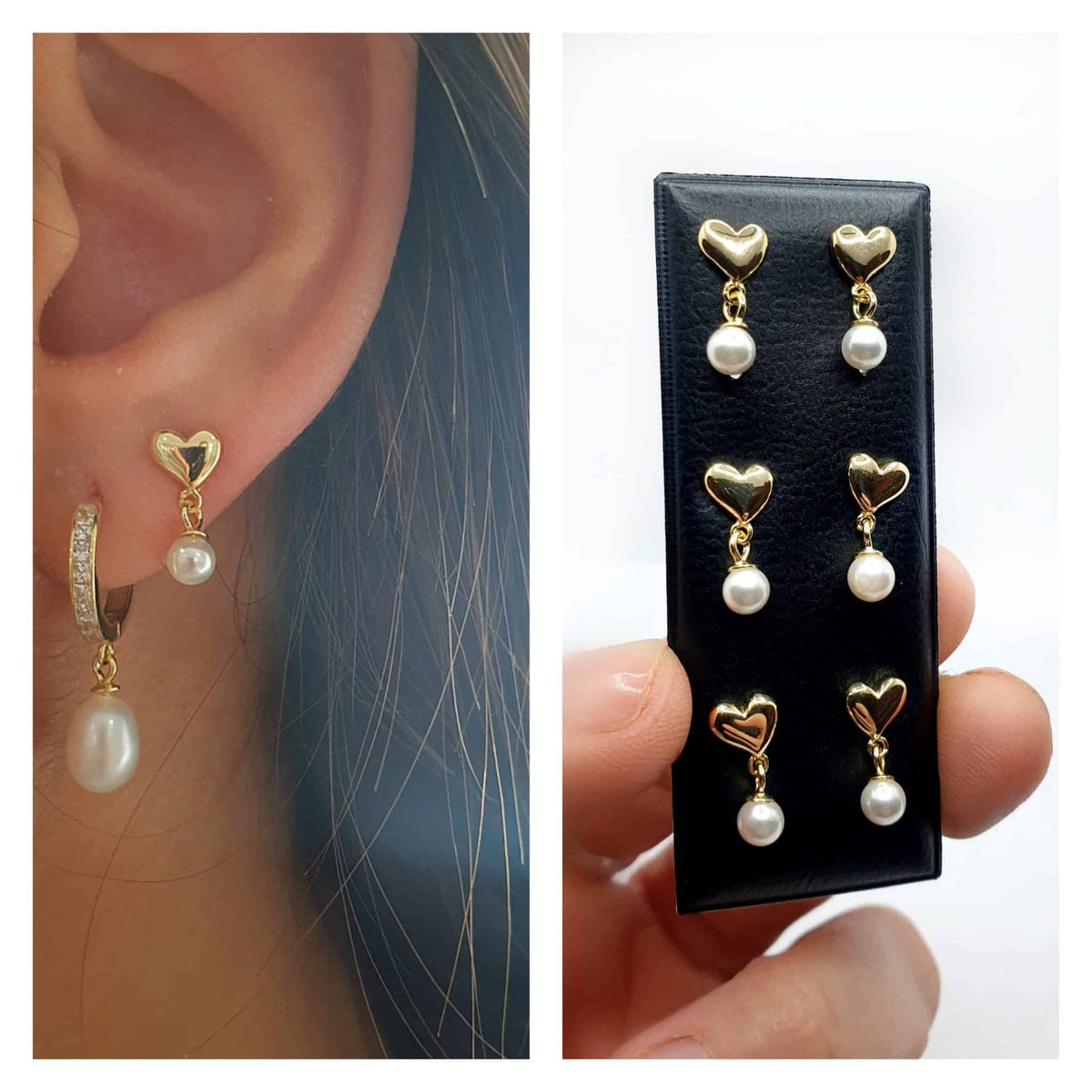 Pendientes perla corazón de plata de ley con baño de oro de 14 quilates - vista adicional