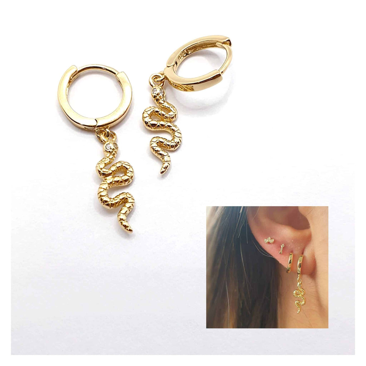 Pendientes serpiente de plata de ley con baño de oro de 14 quilates - vista adicional