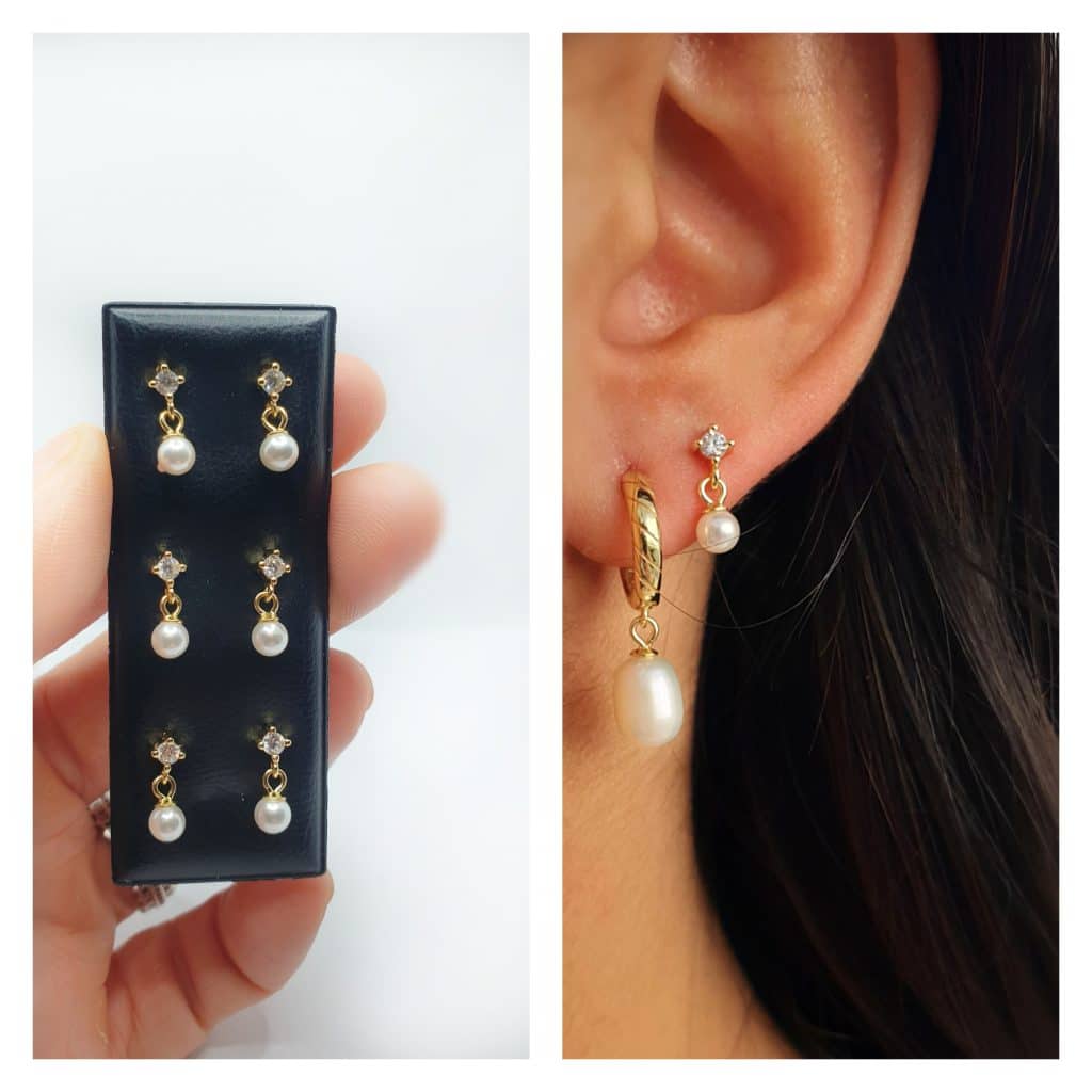 Pendientes luz y perla oro de plata de ley