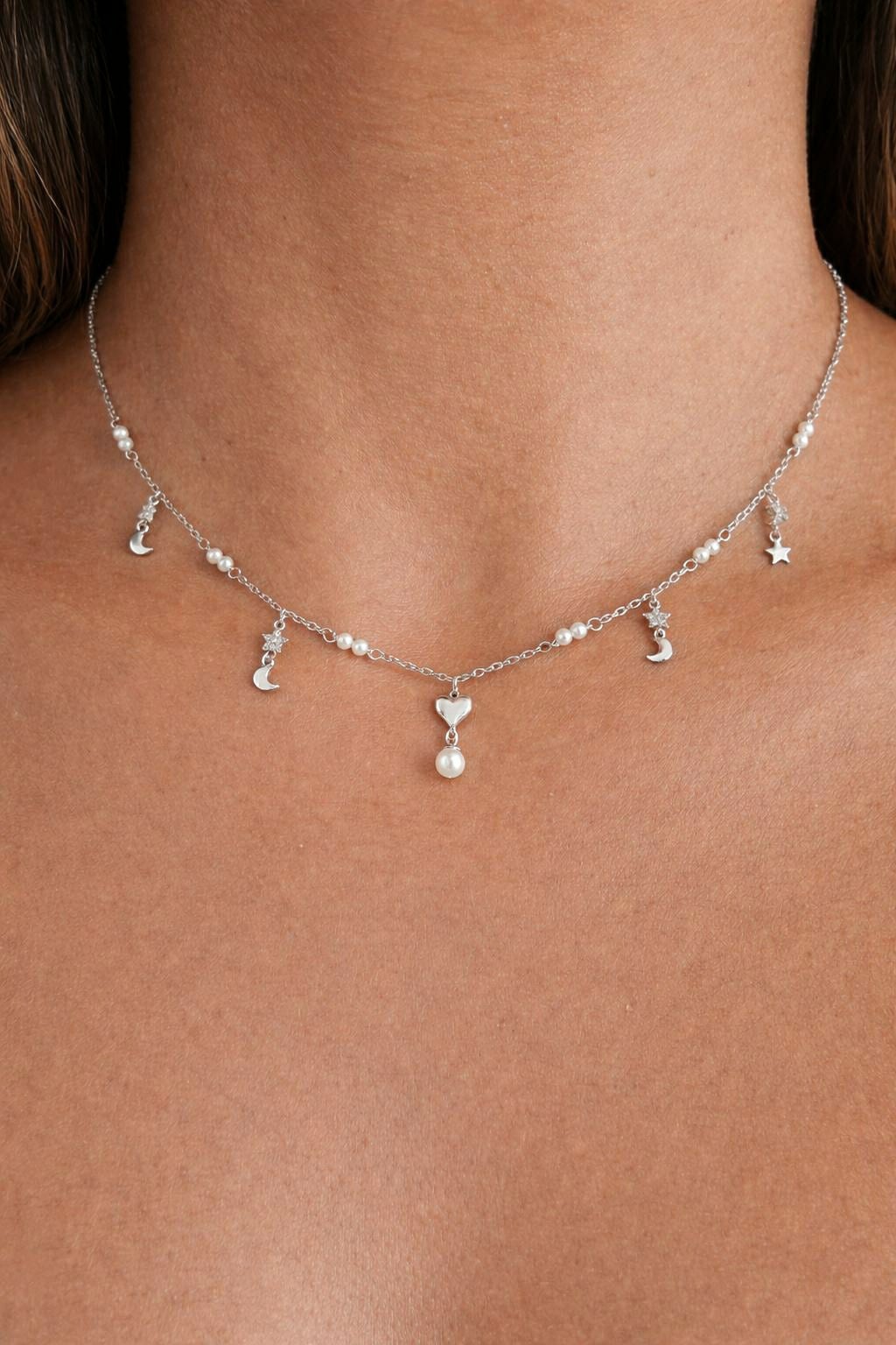 Collar perlas corazón de plata de ley