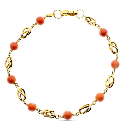 Pulsera con Jaulas y Coral Fino Japones 5 mm 18,5 cm de oro amarillo 18K