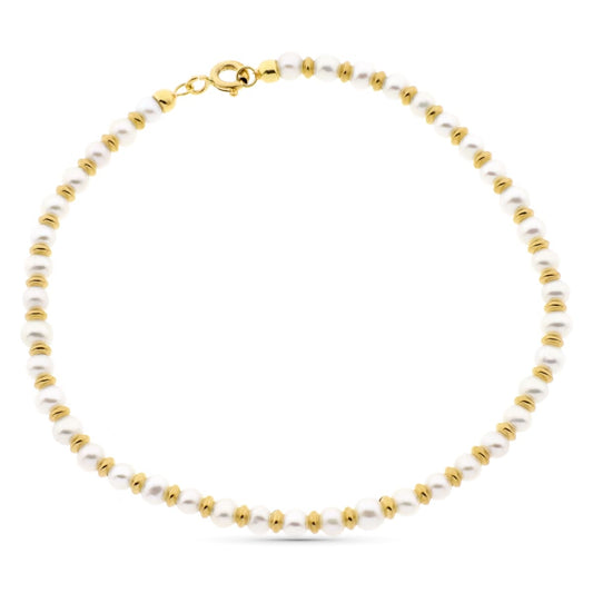 Pulsera Perla 3 mm y Anillas Brillo 19 cm de oro amarillo 18K