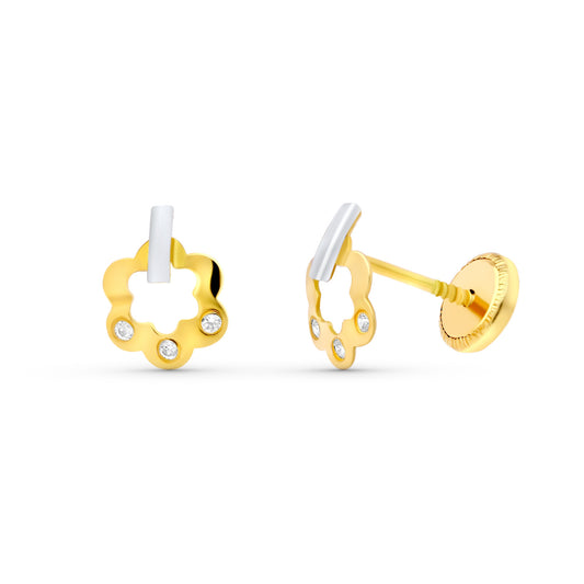 18K PENDIENTES ORO BICOLOR FLOR 8X6 MM. CIERRE TUERCA