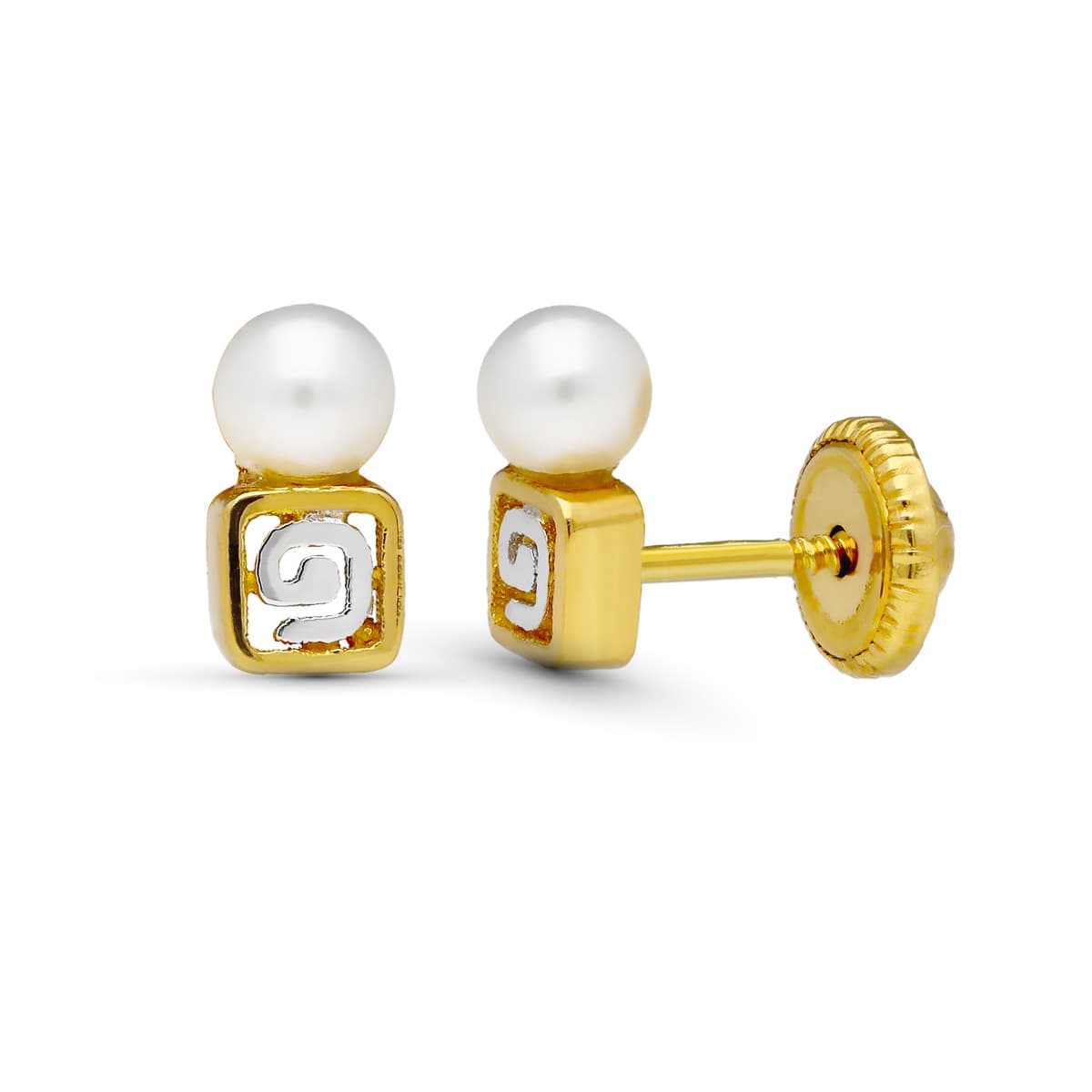 18K PENDIENTES ORO BICOLOR MOTIVO Y PERLA 7X3 MM CIERRE TUERCA