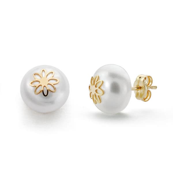 Pendientes Perla Flor 9 mm de oro amarillo 18K