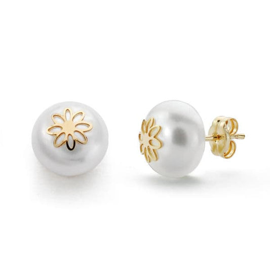 Pendientes Perla Flor 9 mm de oro amarillo 18K