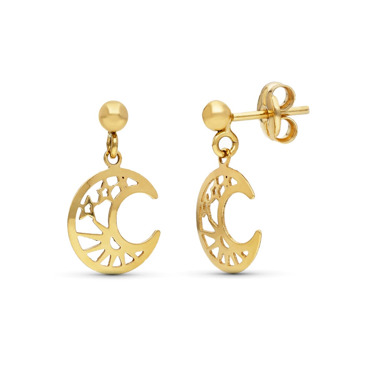 18K PENDIENTES ORO AMARILLO BOLA LISA Y LUNA 14X8 MM CIERRE PRESION
