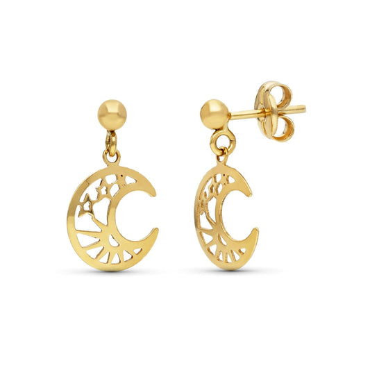 18K PENDIENTES ORO AMARILLO BOLA LISA Y LUNA 14X8 MM CIERRE PRESION