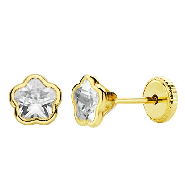 18K PENDIENTES ORO AMARILLO CHATON FLOR CIRCONITA 5X5 MM CIERRE TUERCA