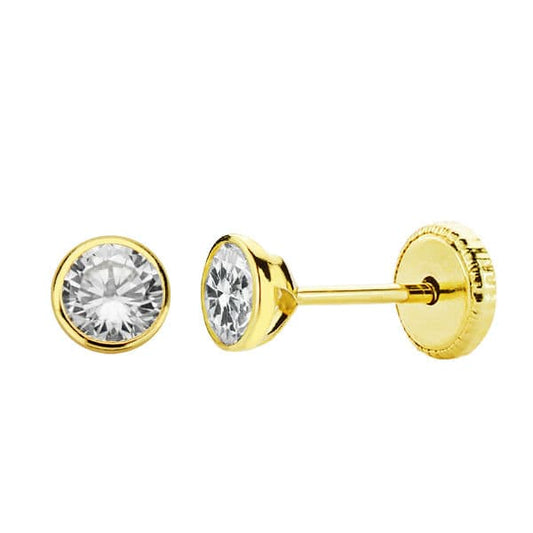 18K PENDIENTES ORO AMARILLO REDONDOS CIRCONITA 4 MM CIERRE TUERCA