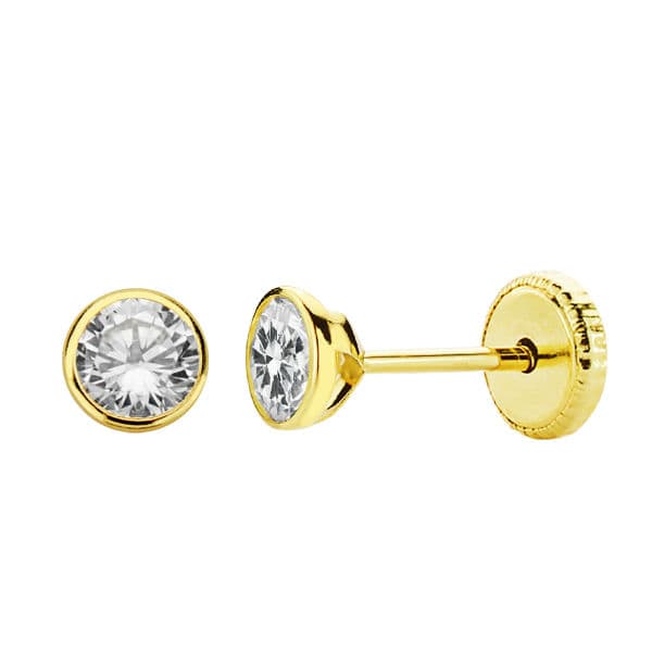18K PENDIENTES ORO AMARILLO CHATON REDONDOS CIRCONITA 4 MM CIERRE TUERCA