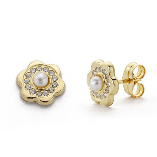 9K PENDIENTES ORO AMARILLO FLOR Y PERLA 8X8 MM CIERRE PRESION