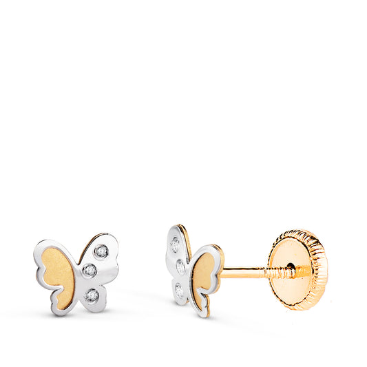 18K PENDIENTES ORO BICOLOR MARIPOSA CON CIRCONITAS. MEDIDA: 5,2 X 5 MM CIERRE TUERCA