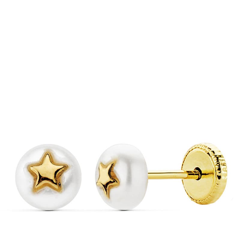 Pendientes Perla 5 mm y Estrella Cierre Tuerca de oro amarillo 18K