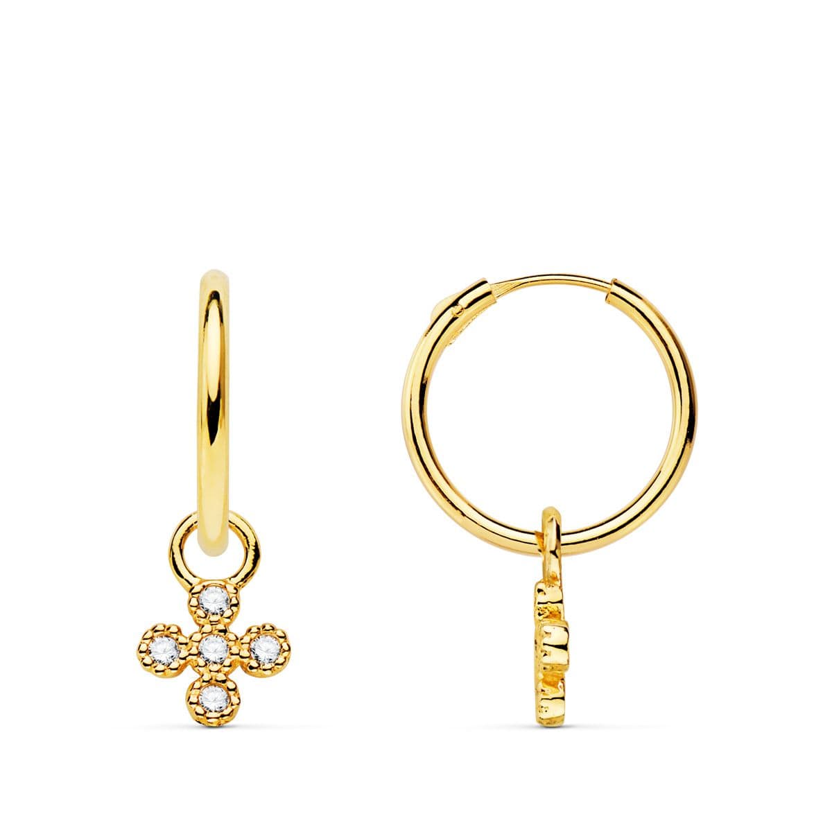 18K AROS TUBO REDONDO ORO AMARILLO 11X1.20 MM Y COLGANTE CRUZ CON CIRCONITAS