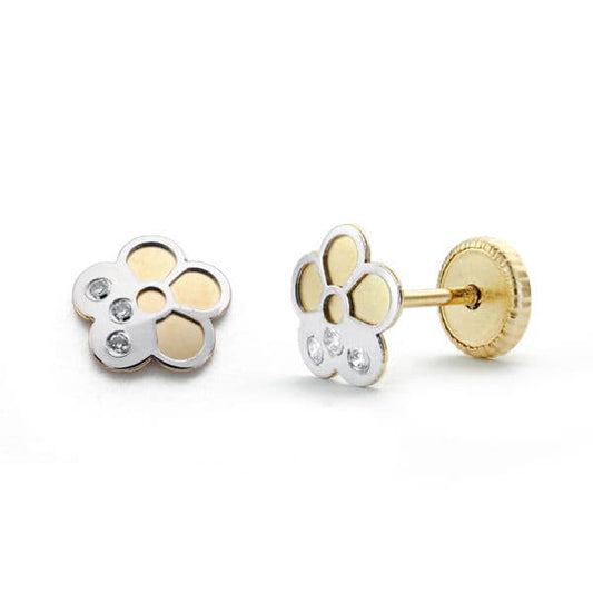 18K PENDIENTES ORO BICOLOR FLOR CIRCONITA 6 MM CIERRE TUERCA