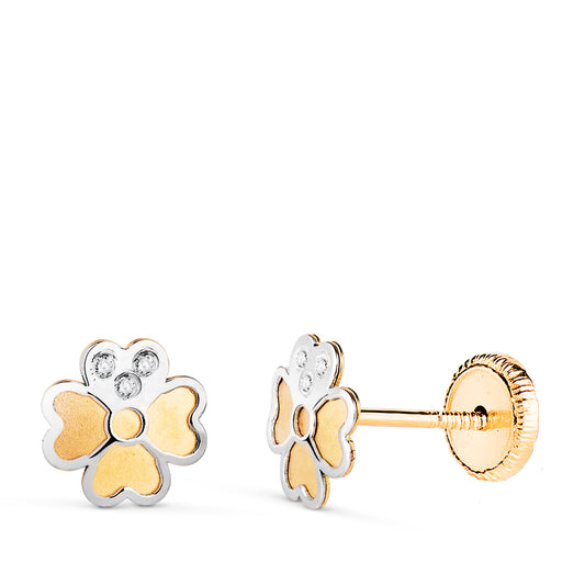 18K PENDIENTES ORO BICOLOR TREBOL CON CIRCONITAS. MEDIDA: 6,5 X 6,5 MM CIERRE TUERCA