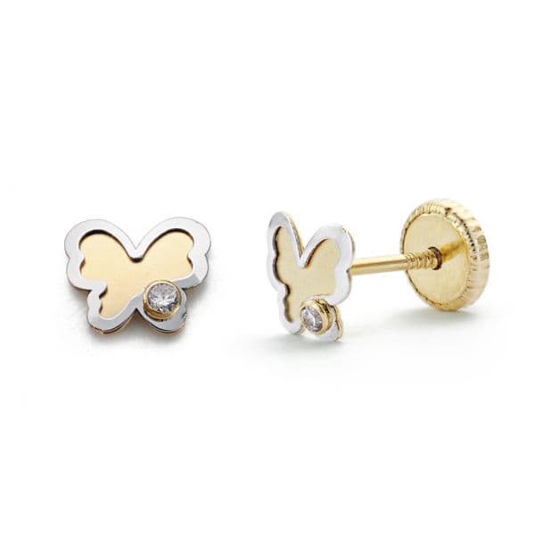 18K PENDIENTES ORO BICOLOR MARIPOSA CIRCONITA 5 MM CIERRE TUERCA