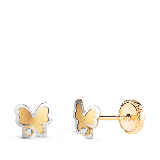 Pendientes Bicolor Mariposa con Circonitas. Medida: 5,2 x 5 mm Cierre Tuerca 18K