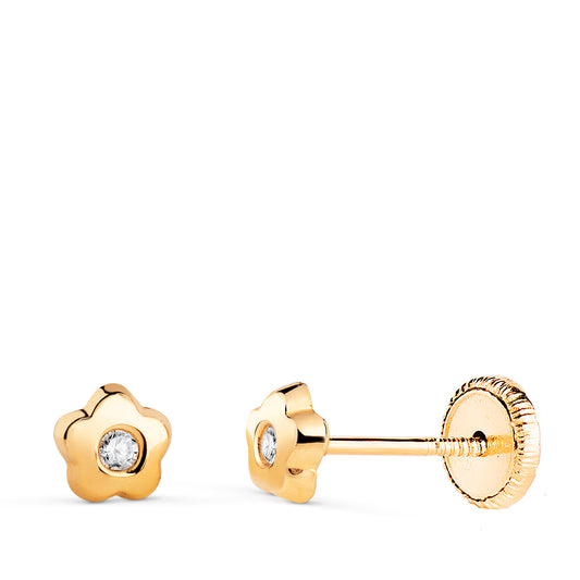 Pendientes Chaton Flor con Circonita. Medida: 4,5 x 4,5 mm. Cierre Tuerca de oro amarillo 18K