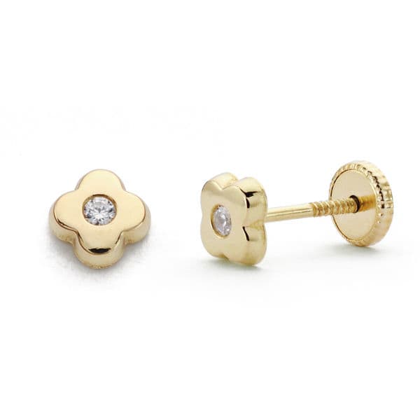 18K PENDIENTES ORO AMARILLO CHATON TUERCA TREBOL CIRCONITA 5 MM