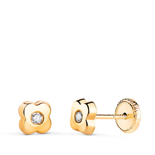 18K PENDIENTES ORO AMARILLO TREBOL CON CIRCONITA. MEDIDA: 5,5 X 5 MM. CIERRE TUERCA