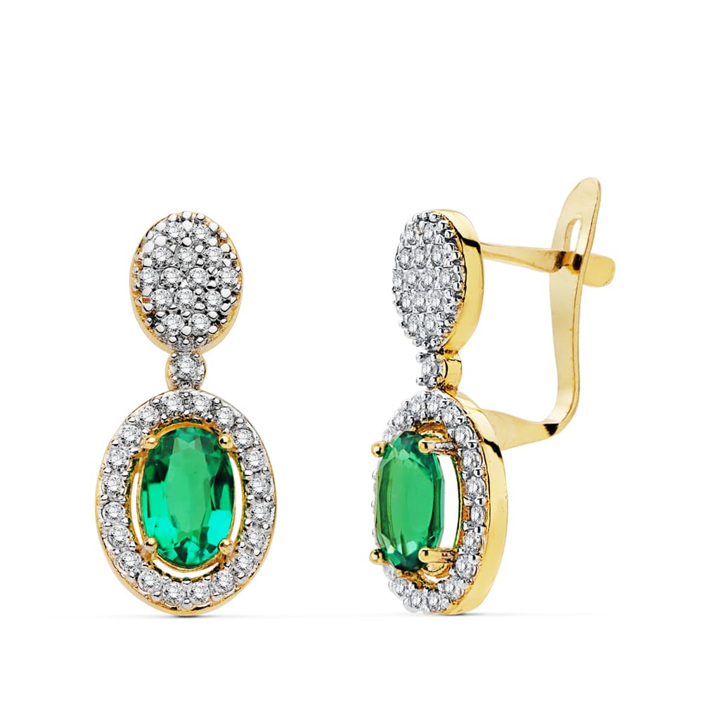 Pendientes Bicolor Esmeraldas 6 x 4 mm 0,98 Qts. y Circonita 18 x 8 mm 18K
