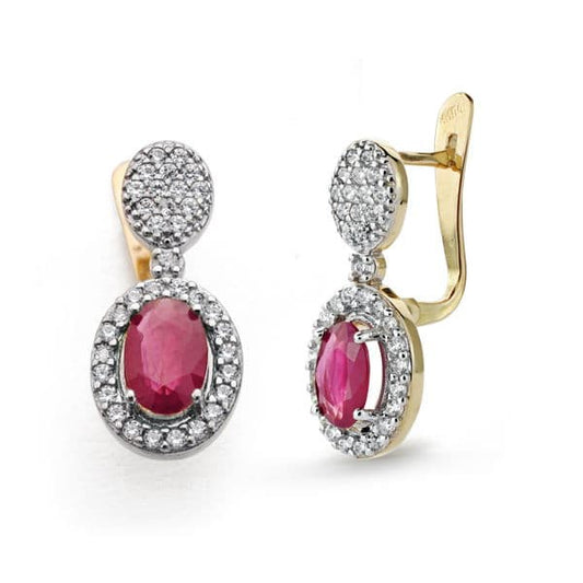 18K PENDIENTES RUBI FINO 0.96 QT Y CIRCONITA ORO BICOLOR 18X8 MM CIERRE CATALAN