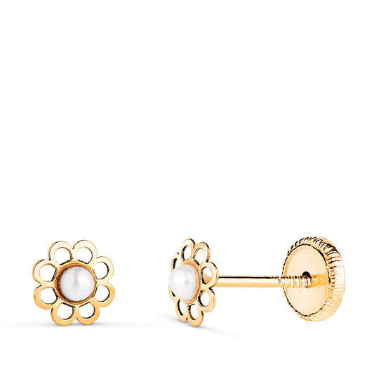18K PENDIENTES ORO AMARILLO MARGARITA FLOR CON PERLITA 2 MM. MEDIDA: 5,5 X 5 MM. CIERRE TUERCA