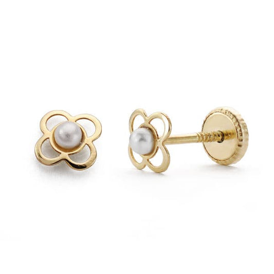 18K PENDIENTES ORO AMARILLO TREBOL 5 MM PERLA 2 MM CIERRE TUERCA