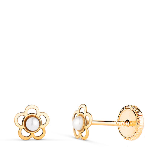 18K PENDIENTES ORO AMARILLO FLOR CALADA CON PERLITA 2 MM. MEDIDA: 5,5 X 5 MM. CIERRE TUERCA